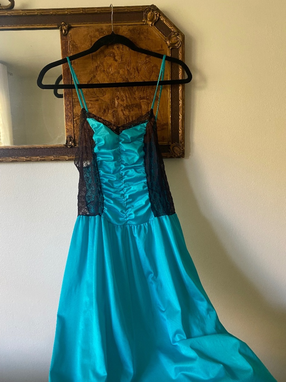 Vintage 1980s Teal Blue Black Lace Maxi Full Length Slip Nightgown Medium